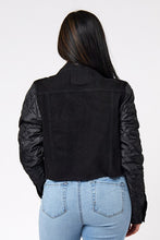 Load image into Gallery viewer, Denim Distressed Cropped Jacket w/Quilted Sleeves
