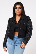 Load image into Gallery viewer, Denim Distressed Cropped Jacket w/Quilted Sleeves
